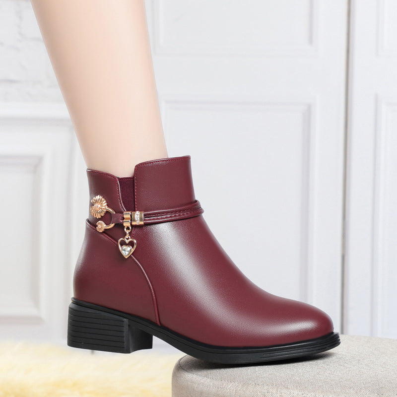 Ankle Boots Zippers Warm Fluff Block Chunky Heel Booties for Women