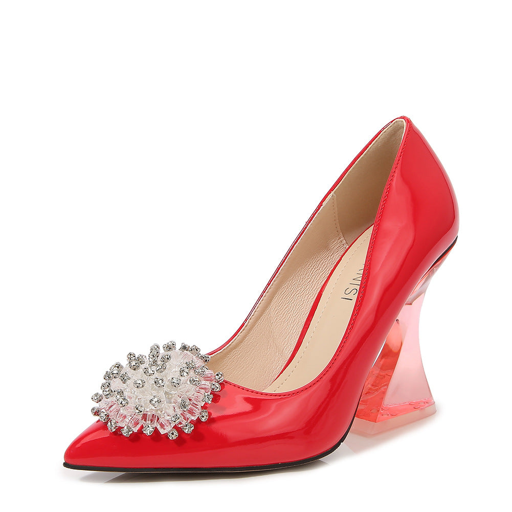 Ladies Candy Color Pointed Toe Rhinestone Flora Shallow Crystal Spool Heel Pumps
