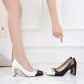 Ladies Bicolor Pearls Pointed Toe Shallow Chunky Heel Pumps