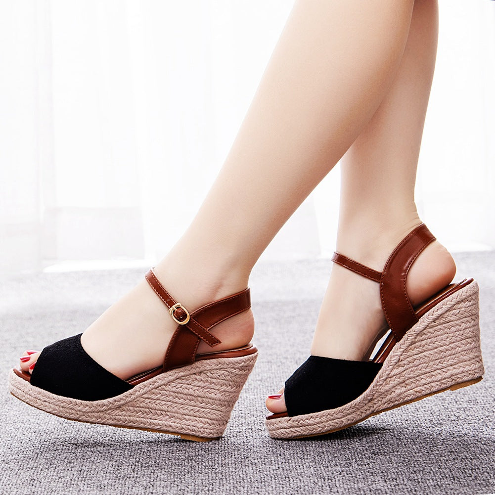 Women Peep Toe Round Toe Wedge Heel Platform Sandals