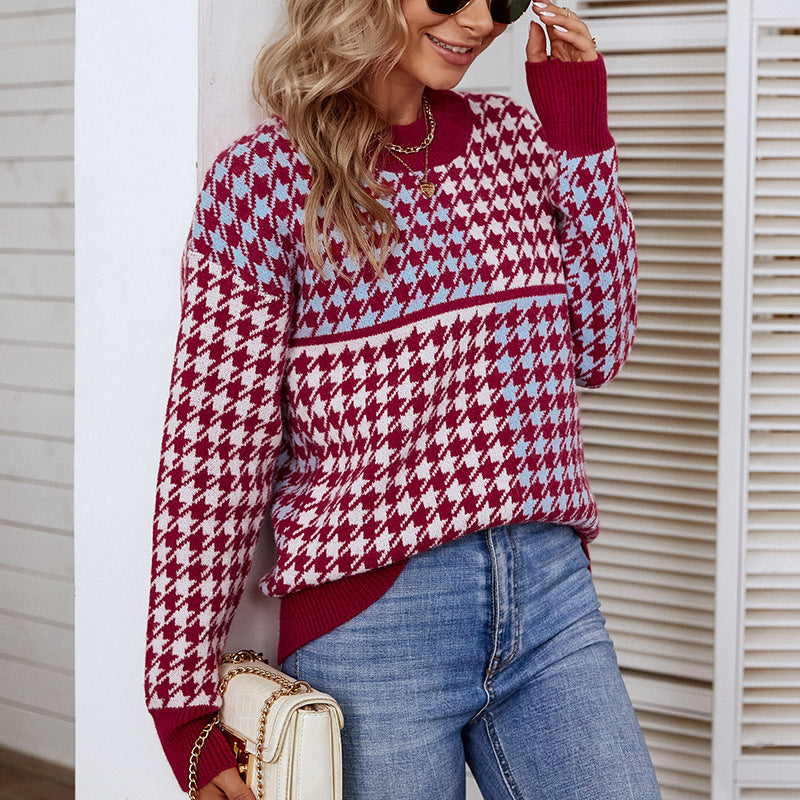 Ladies Sweaters Kniting Round Collar Pullover Bicolor Lattice Long Sleeve