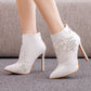 Women Stiletto Heel Pointed Toe Lace Rhinestone Wedding Short Boots