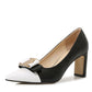 Ladies Bicolor Pointed Toe Bow Tie Shallow Chunky Heel Pumps