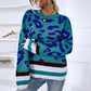 Ladies Sweaters Kniting Round Collar Pullover Bicolor Leopard Patterns