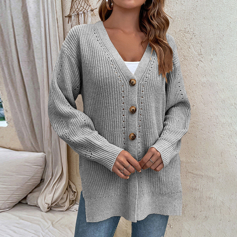 Cardigans Kniting Plain Cuts Buttons Long Sleeves for Women