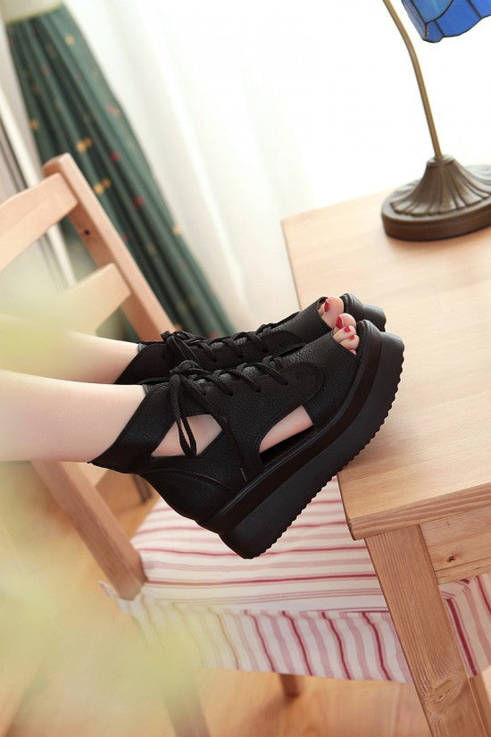 Platform Sandals Women Pumps Lace Up Black White Wedges Shoes Woman 3546