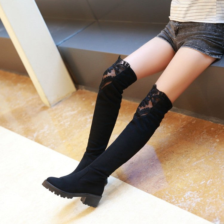 Elastic Lace Thigh High Boots Black High Heels Shoes Woman 3330