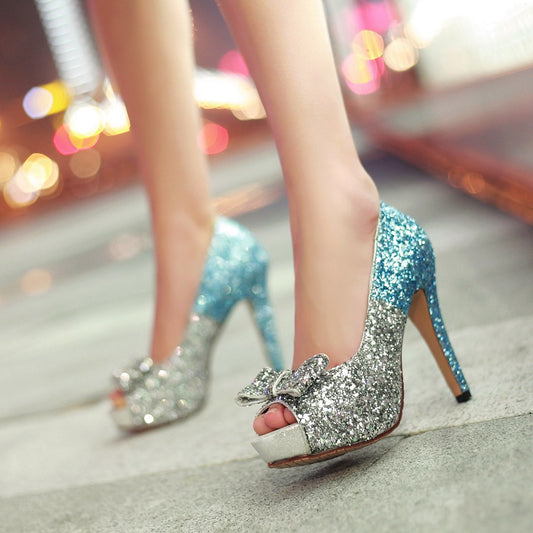 Glitter Women Pumps Platform Peep Toes High Heels Spike Bridal Shoes Woman