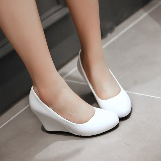 Patent Leather Round Toe Women Wedges Platform Shoes