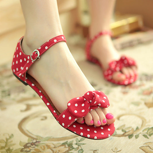 Polka Dot Flats Sandals Women Bowtie Ankle Straps Shoes Woman