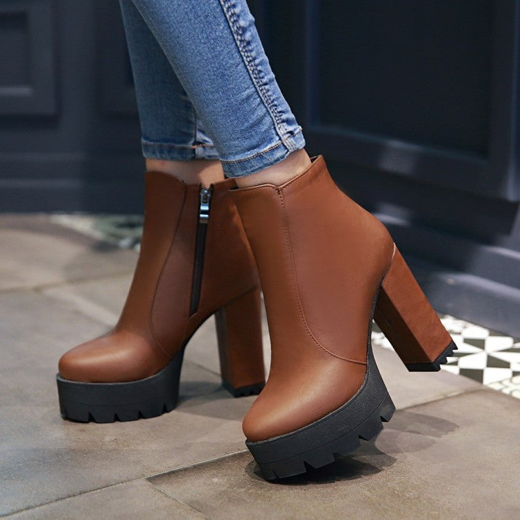 Zipper Ankle Boots High Heels Motorcycle Boots Chunky Heel 7585