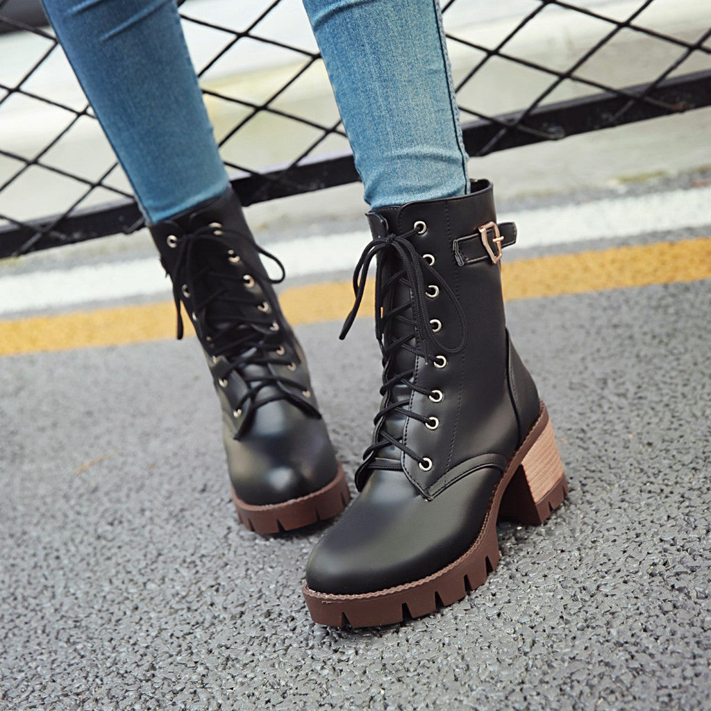 Ankle Boots for Women Thick Heels Motorcycle Boots Belt Buckle Lace Up Autumn Winter Shoes Woman 4711