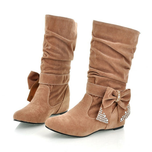 Artificial Suede Mid Calf Boots Shoes Woman Bowtie Rhinestone Wedges Women Boots 3344