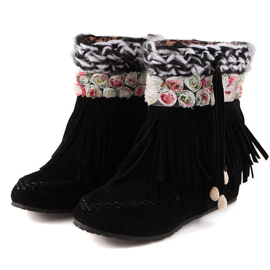 Women Tassel Flower Wedges Ankle Boots Artificial Suede Shoes Woman 2016 3503