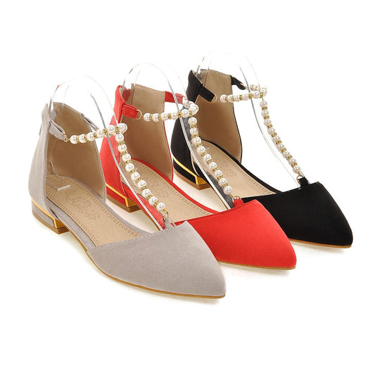 Women Sandals with Pearl T Straps Pointed Toe Shoes Woman