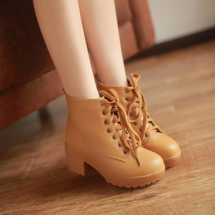 Lace Up Women Ankle Boots Round Toe Platform High Heels Shoes Woman 3364