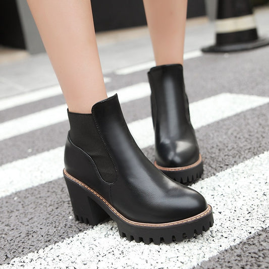 Round Toe Pu Leather High Heels Ankle Boots Thick Heel Women Shoes 76078849