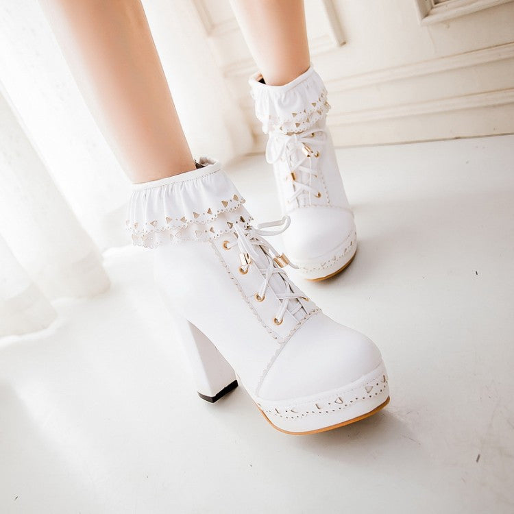 Round Toe Lace Up High Heels Ankle Boots Chunky Heel 6250
