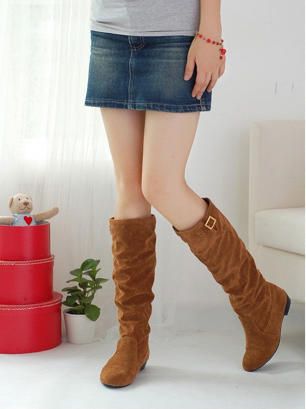 Buckle Faux Suede Knee High Boots Low Chunky Heels 2127