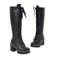 Women Lace Up Knee High Boots High Heels Motorcycle Boots Chunky Heel 3176