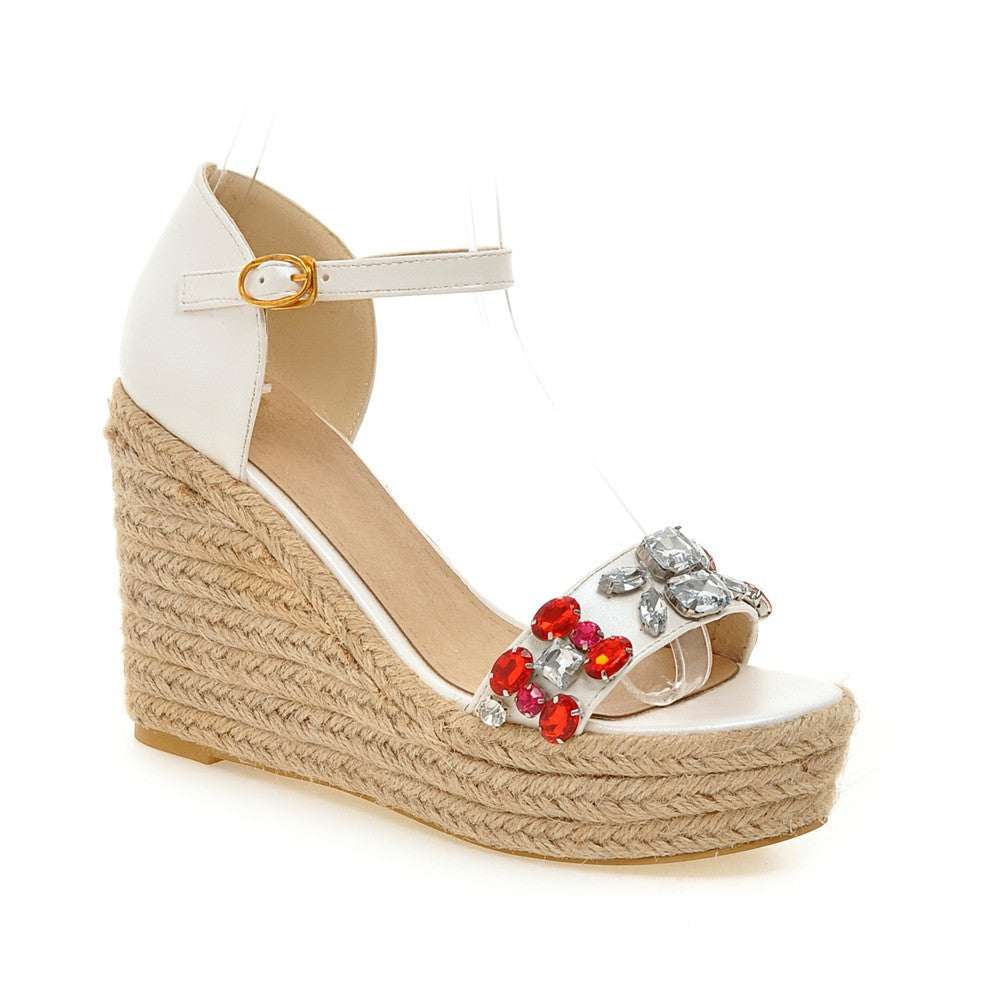Women Woven Wedges with Rhinestone Ankle Straps Platform Shoes