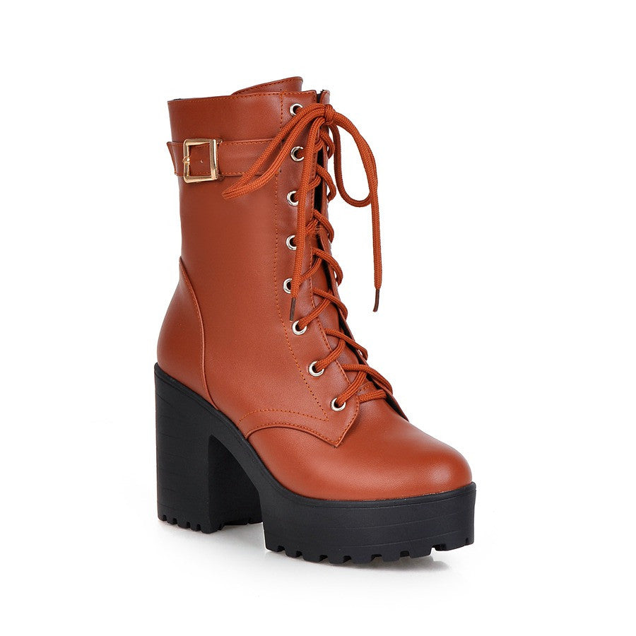 Lace Up Buckle Ankle Boots High Heels Women Shoes 3231