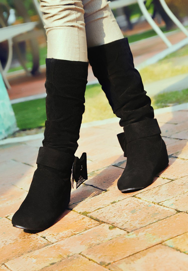 Bowtie Women Mid Calf Boots Wedges Fall|Winter Shoes Woman 2016 3371