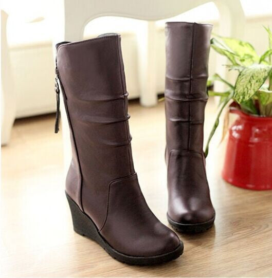 Zipper Pu Leather Wedges Boots Women 3102