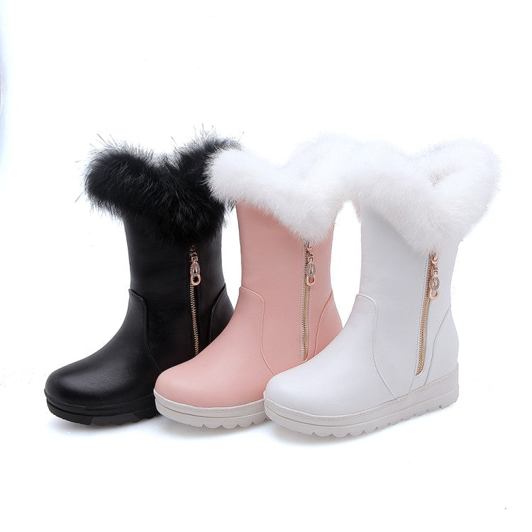 Rabbit Fur Women Wedges Snow Boots Mid Calf Winter Platform Shoes Woman 2016 3466