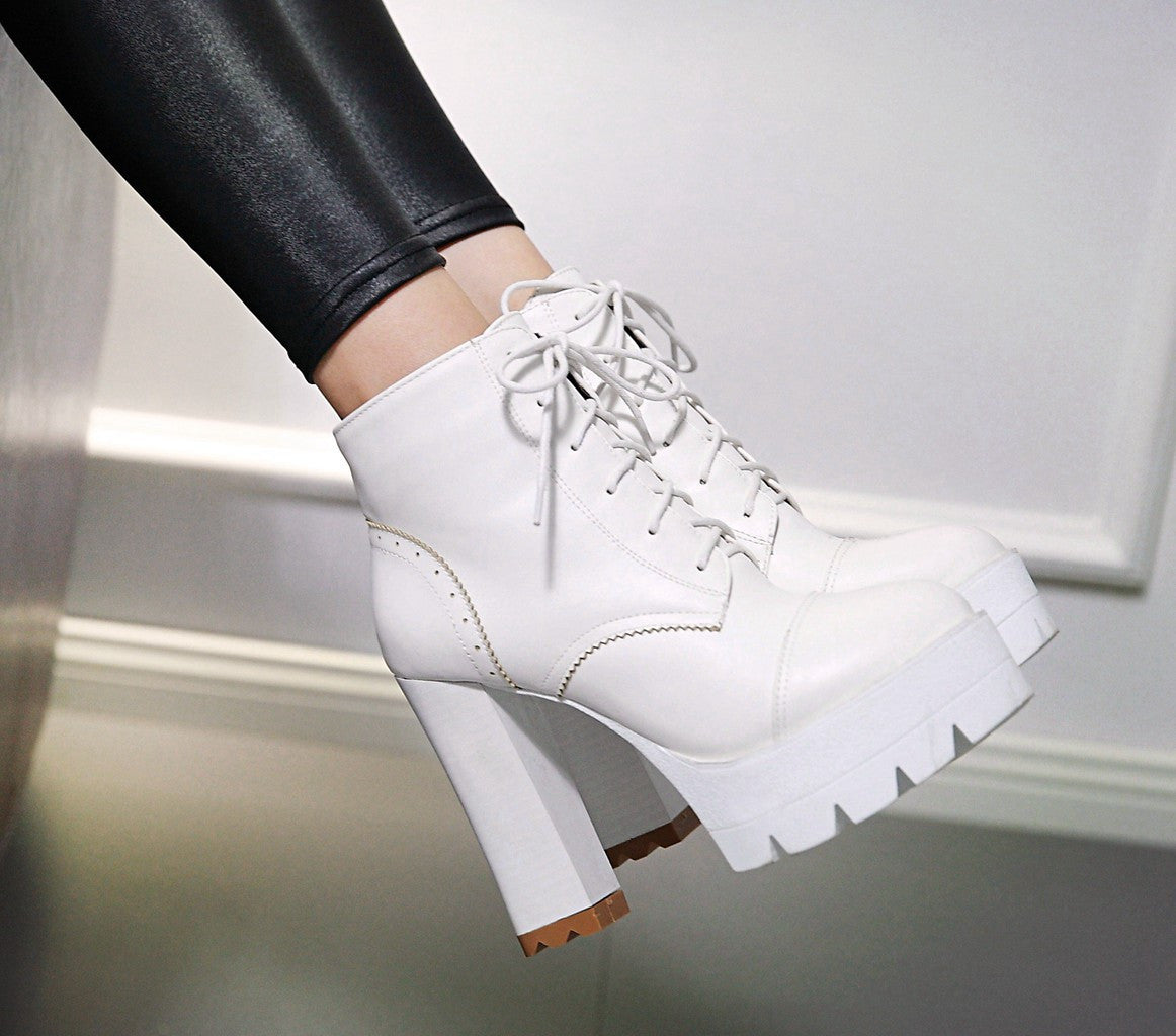 Ankle Boots for Women Platform High Heels Lace Up Pu Leather Autumn Winter Shoes Woman 9592