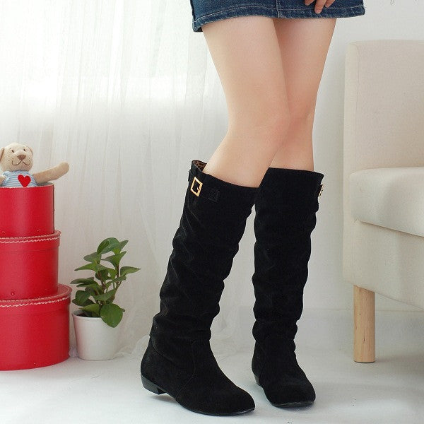 Buckle Faux Suede Knee High Boots Low Chunky Heels 2127