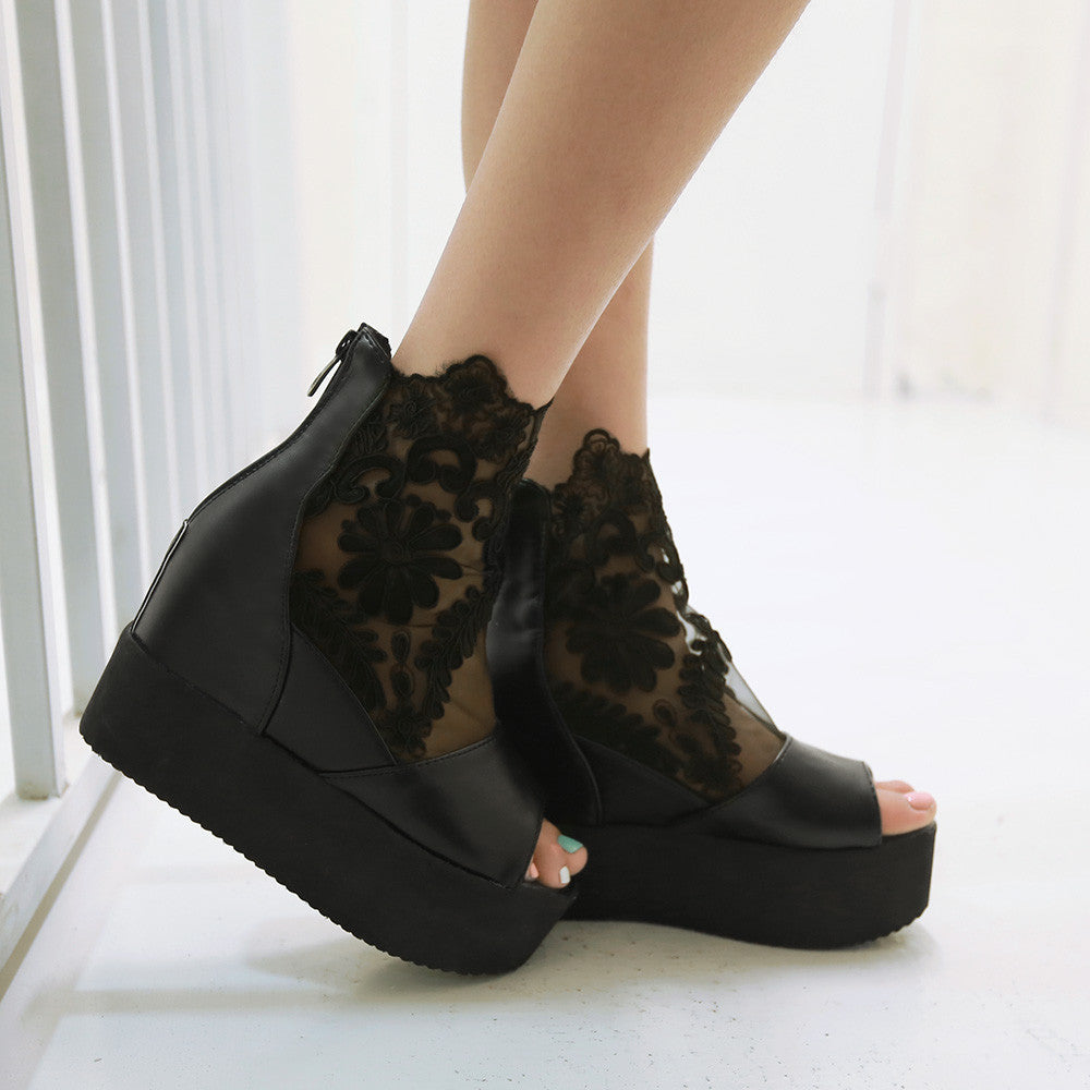 Fashion Peep Toes Lace Wedges Sandals Pumps Platform High Heels Women Dress Shoes 6547