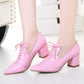 Women Pumps High Heels Thick Heel Patent Leather Lace Up Pointed Toe Shoes Woman 3432