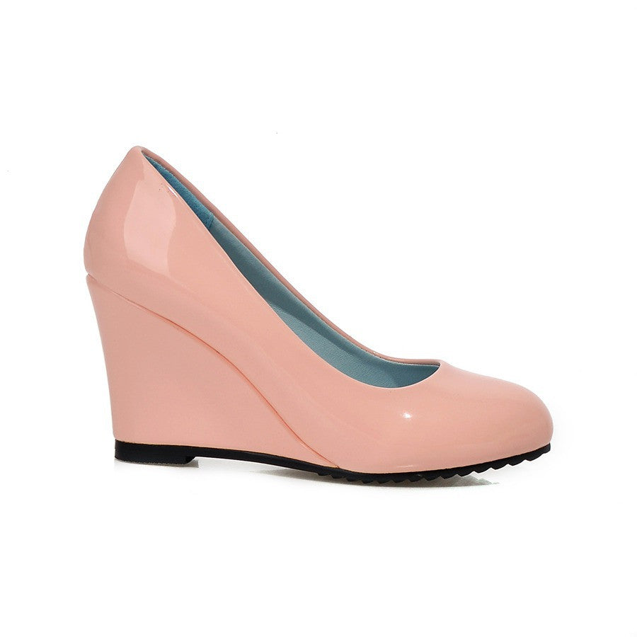 Patent Leather Round Toe Women Wedges Platform Shoes