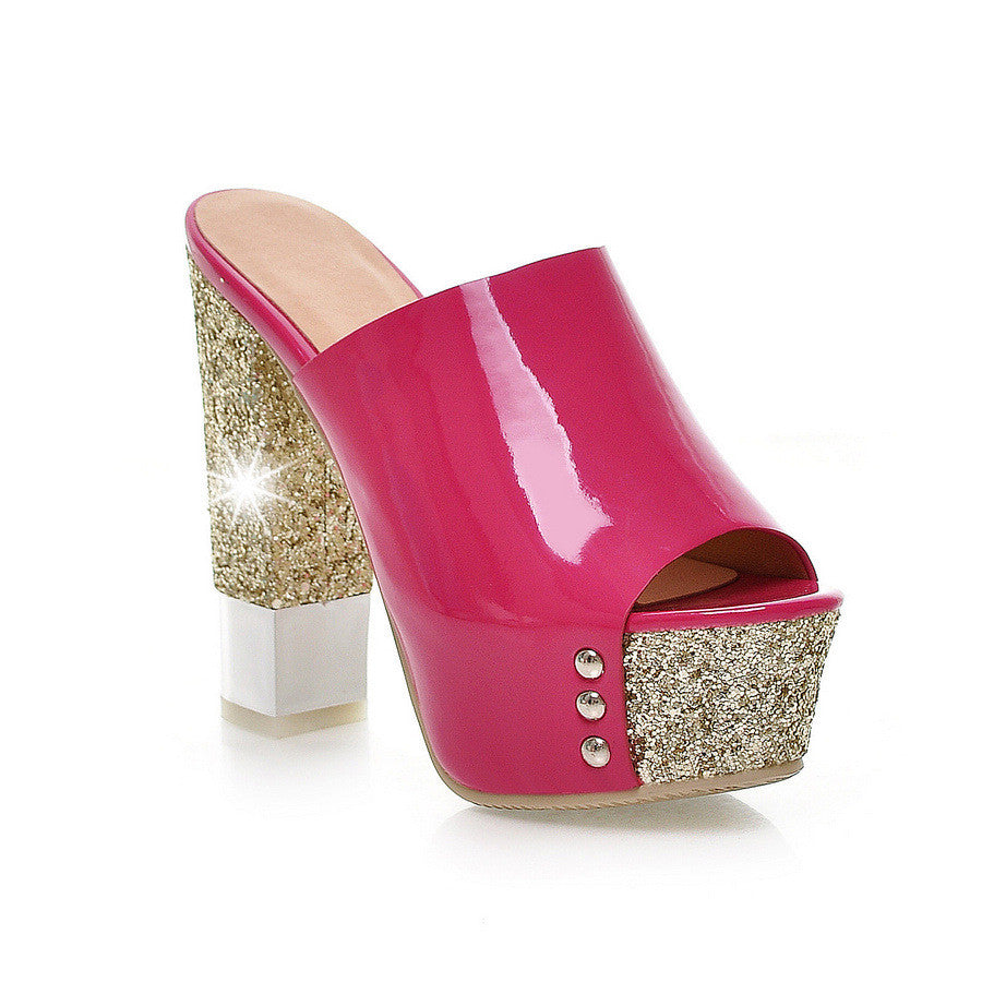 Platform Sandals Slides Glitter Women Chunky Heel Pumps High Heels Shoes Woman 3580