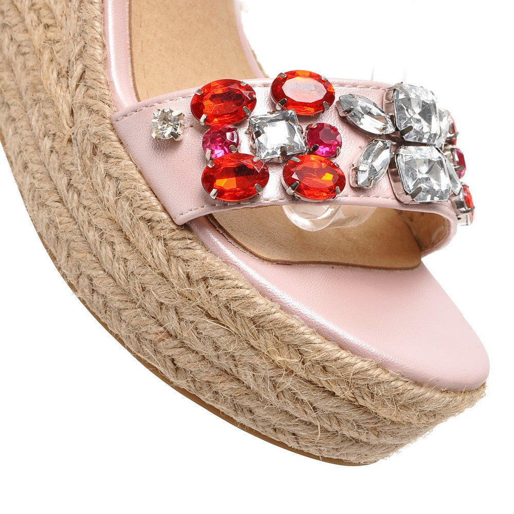 Women Woven Wedges with Rhinestone Ankle Straps Platform Shoes