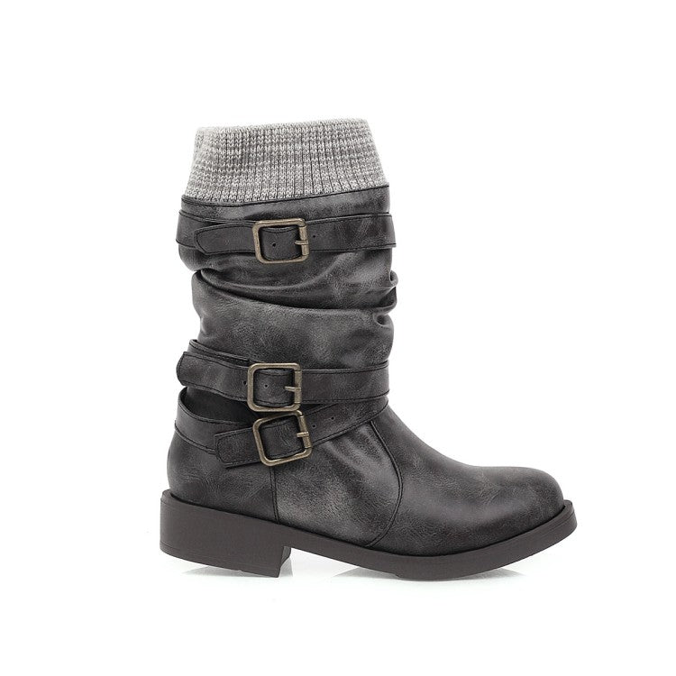 Women's Mid Calf Motorcycle Boots Low-heeled