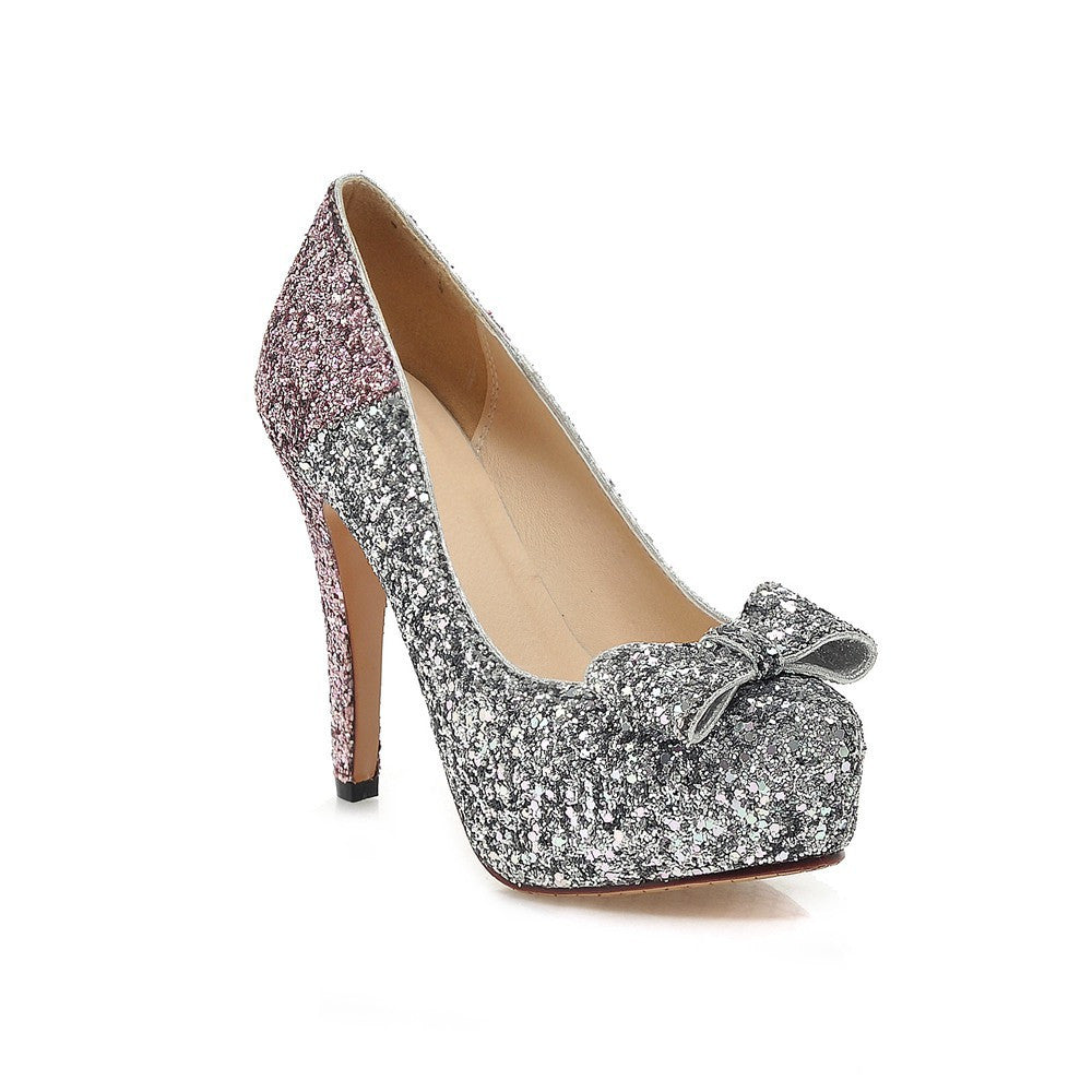Glitter Women Pumps Platform Bowtie High Heels Wedding Shoes Woman