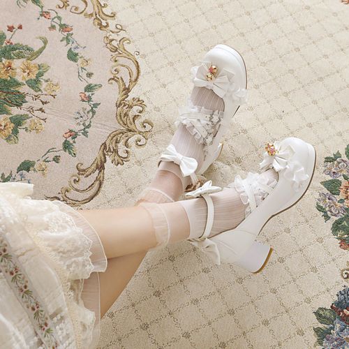 Women Pumps Lace Pearl Mary Janes Shoes with Bowtie
