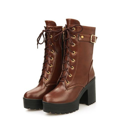 Women Lace Up Buckle High Heel Short Motorcycle Boots
