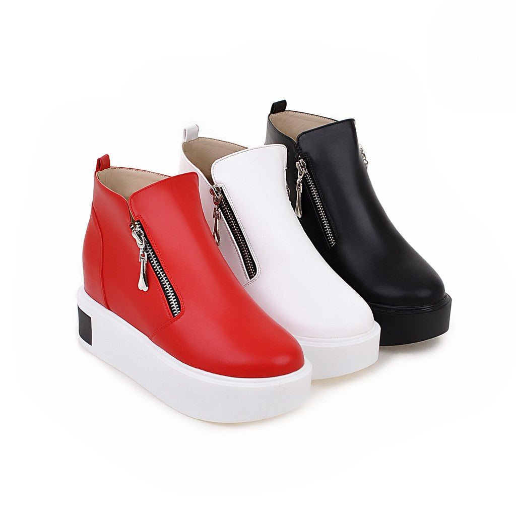 Ankle Boots for Women Platform Wedges Double Zipper Pu Leather Autumn Winter Shoes Woman 9912