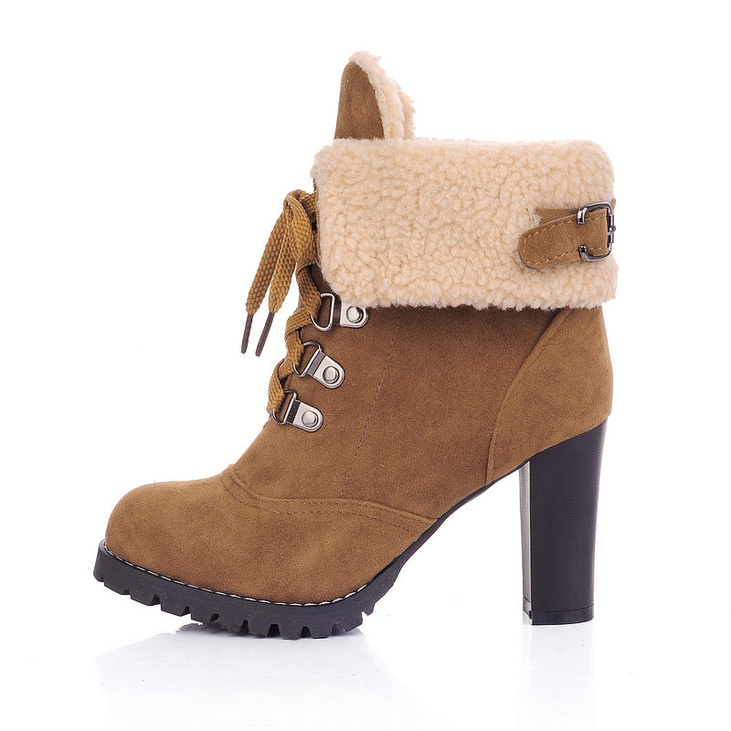 Purfle Buckle Lace Up Ankle Boots High Heels Shoes 9627