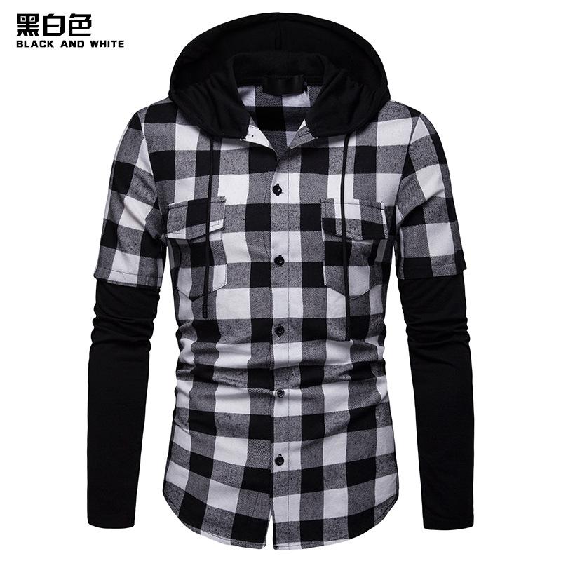 Men's Business Grid Split Joint Double Pocket Hooded Long Sleeves Shirts