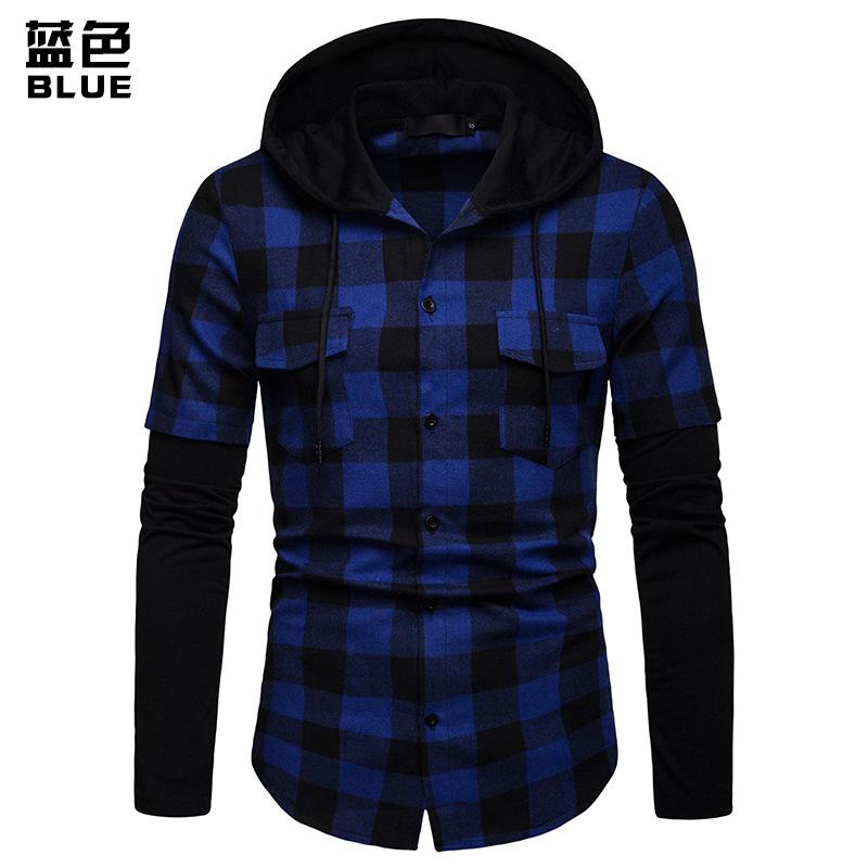Men's Business Grid Split Joint Double Pocket Hooded Long Sleeves Shirts