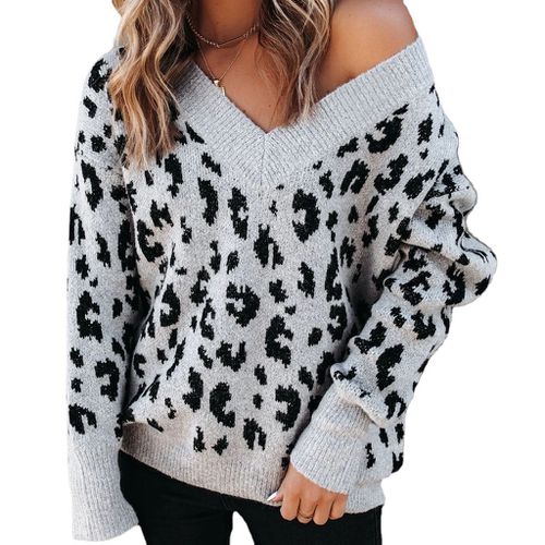 V-neck Strapless Leopard-print Pullover Sweater for Woman
