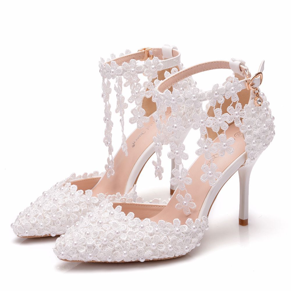 Women Lace Flora Tassel Ankle Strap Stiletto Heel Pointed Toe Bridal Wedding Shoes Sandals