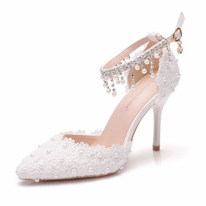 Women Lace Flora Rhinestone Tassel Ankle Strap Bridal Wedding Shoes Stiletto Heel Sandals