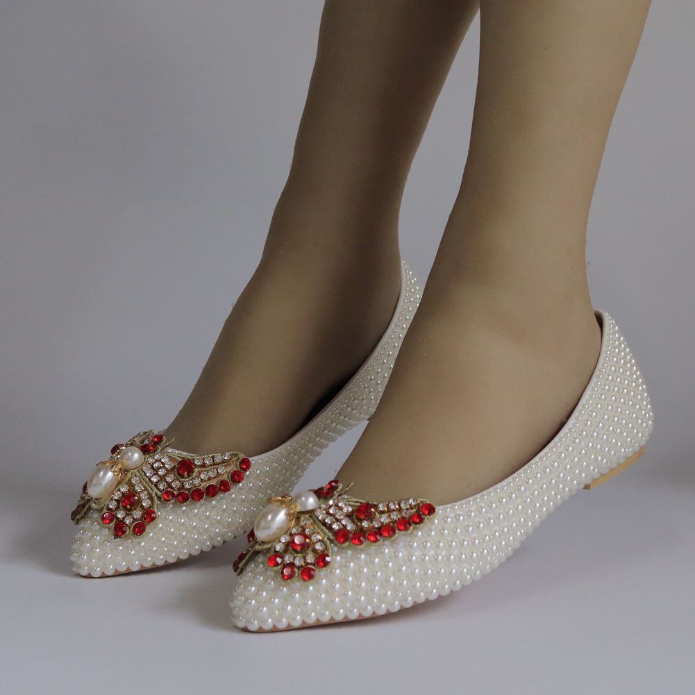 Women Pointed Toe Shallow Wedding Pearls Bow Tie Flats