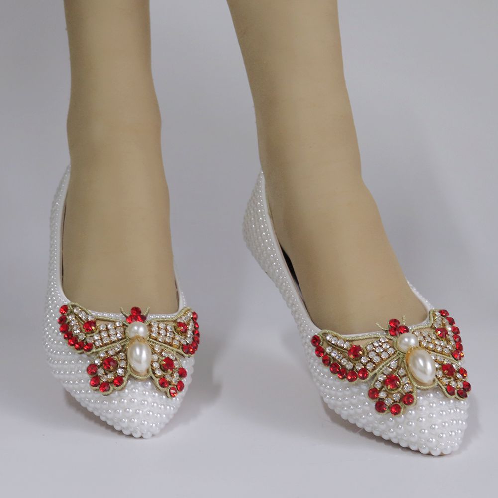 Women Pointed Toe Shallow Wedding Pearls Bow Tie Flats