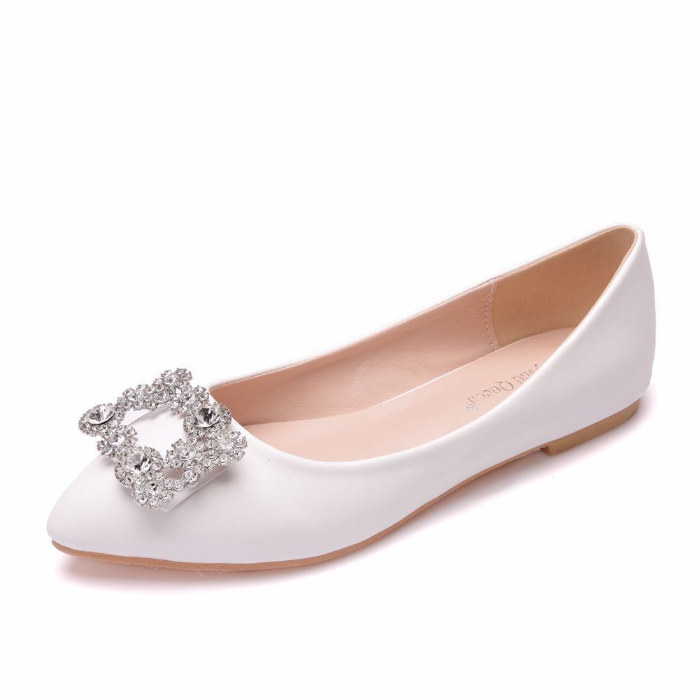 Women Pointed Toe Shallow Square Buckles Rhinestone Bridal Wedding Shoes Flats